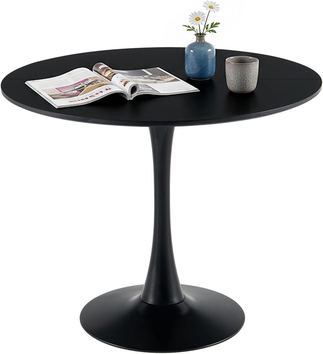 Eettafel, rond, zwart, 90 cm, ronde keukentafel voor 2 tot 4 personen, moderne stijl, centrale voet van metaal, stabiel, voor kleine ruimtes, keuken, eetkamer, woonkamer, balkon, zwart