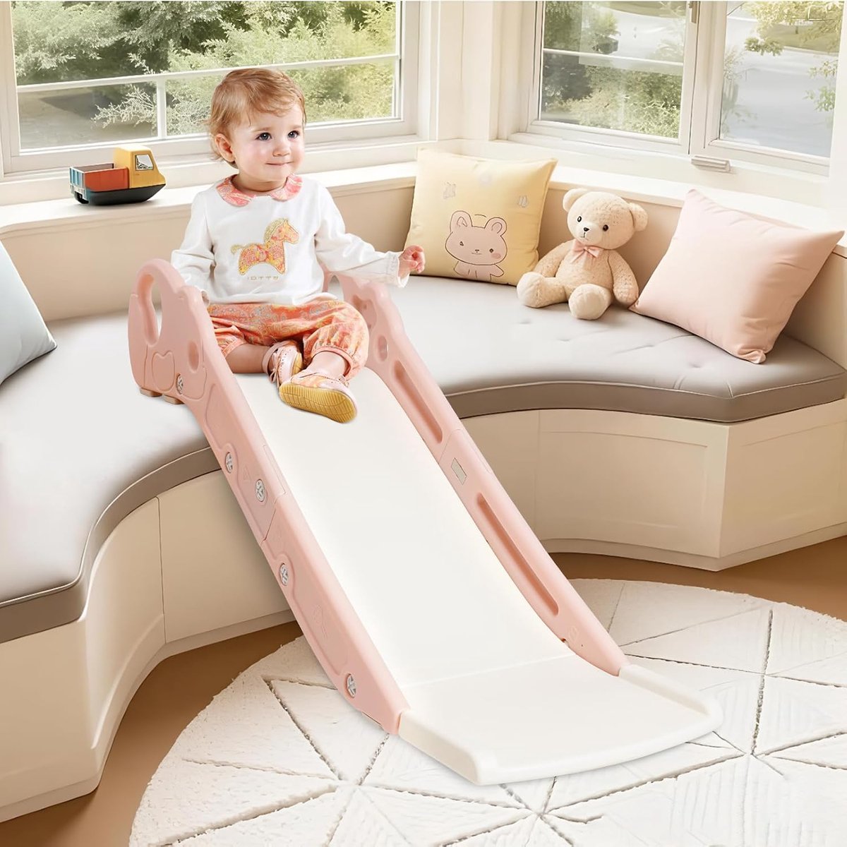 Glijbaan voor kinderen, indoor glijbaan voor bed en bank, peuter bedzijglijbaan met antislip basis, klimglijbaan speelset voor slaap- en woonkamer, Montessori-speelgoed voor de speelplaats, roze