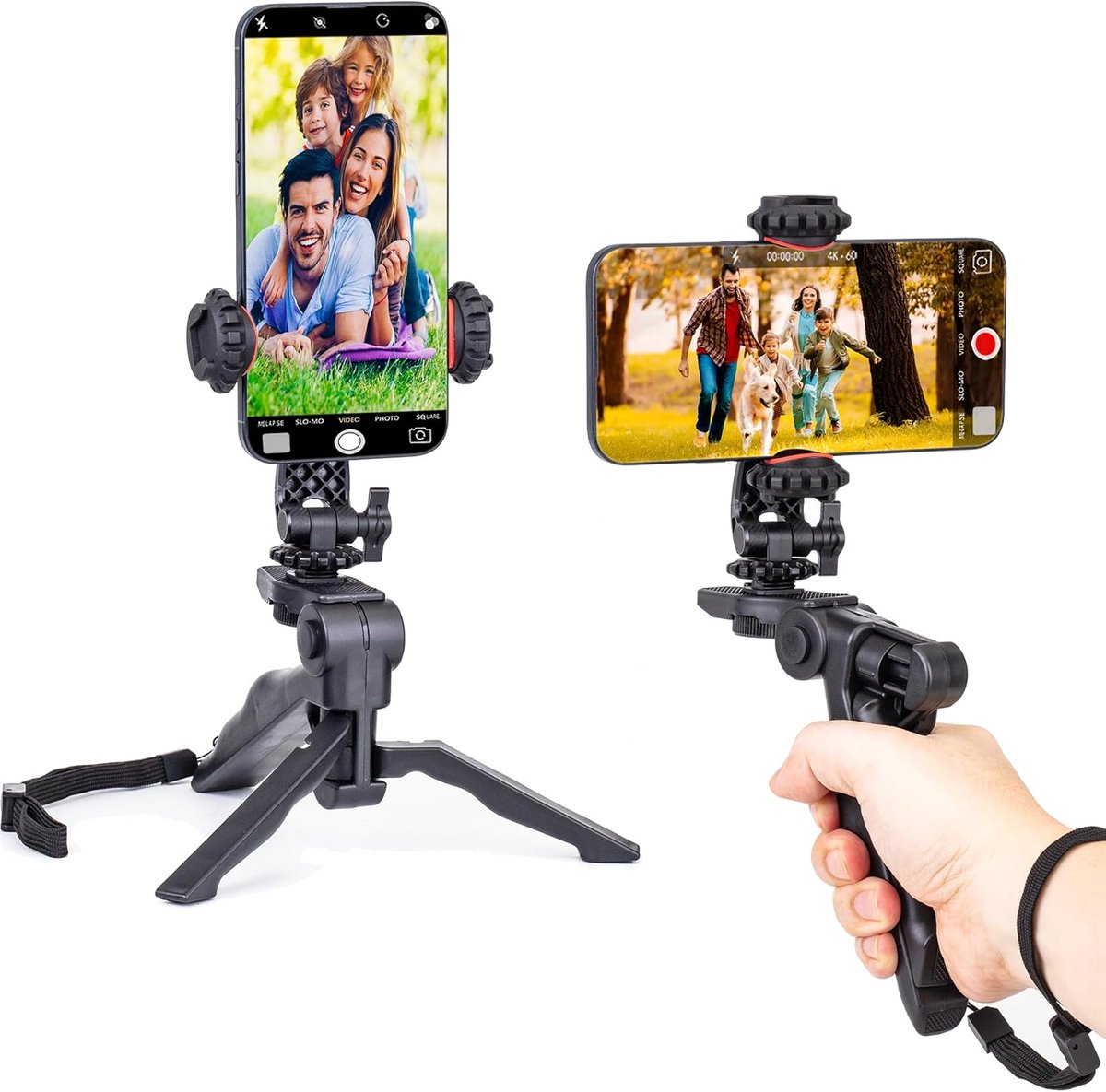 Mini statief voor mobiele telefoon, tafelstatief, handgreep, stabilisator met mobiele telefoonhouder, geschikt voor alle iPhone en Android smartphones
