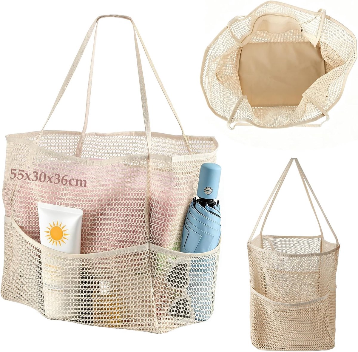 XXL, 55x30x36 cm Mesh Badtas met Ritssluiting en Binnenzak, Vouwbare Lichte Strandtas voor Zomerreizen, Picknick, Strand en Winkelen