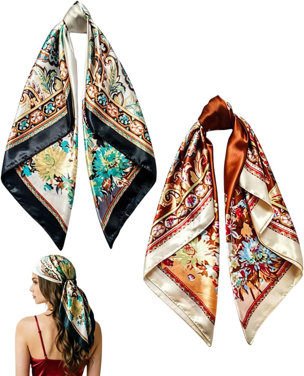 2 stuks satijnen sjaals voor dames, grote vierkante sjaal, 90 x 90 cm, zijden sjaal, elegant, zijdeachtig, vierkante halsdoek, voor haar, multifunctioneel, stijl A