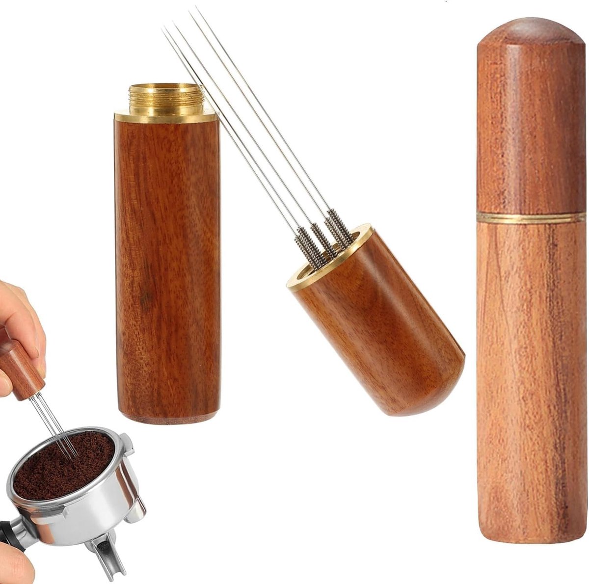 Koffie Roerder, 5 Naalden Koffie Distributeur, Espresso Distributie Tool met Houten Handvat, Koffie Accessoires voor Barista (Bruin)