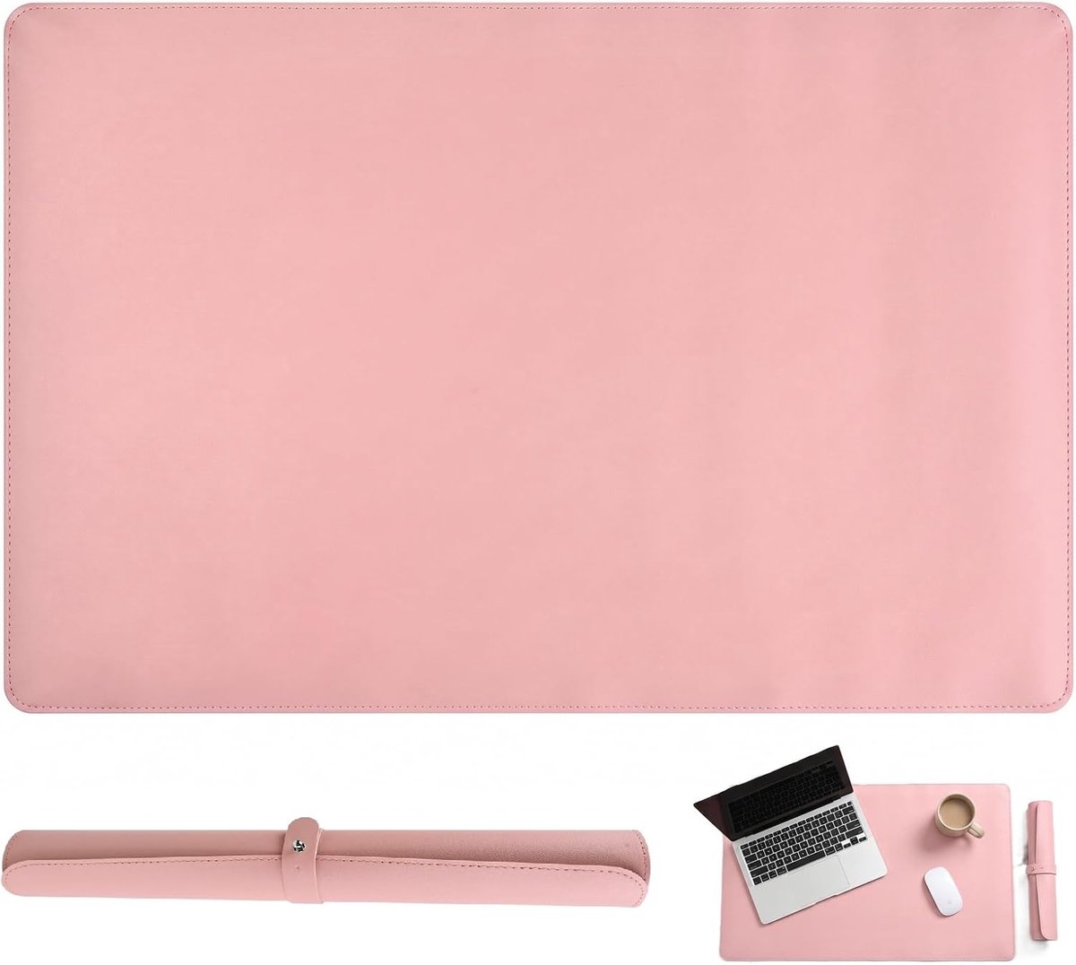 Muismat in roze en zilver, 40 x 60 cm, pvc-bureaubescherming, waterdicht en vuilafstotend, antislip toetsenbordonderlegger, gemakkelijk te reinigen (incl. draagriem)