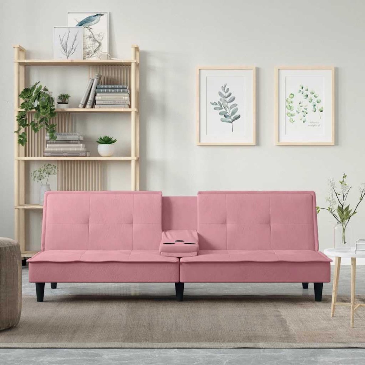 Slaapbank met bekerhouders, roze fluweel, verstelbare rugleuning in 3 posities, klaptafel met USB-poorten voor opladen, robuust multiplex frame, comfortabel