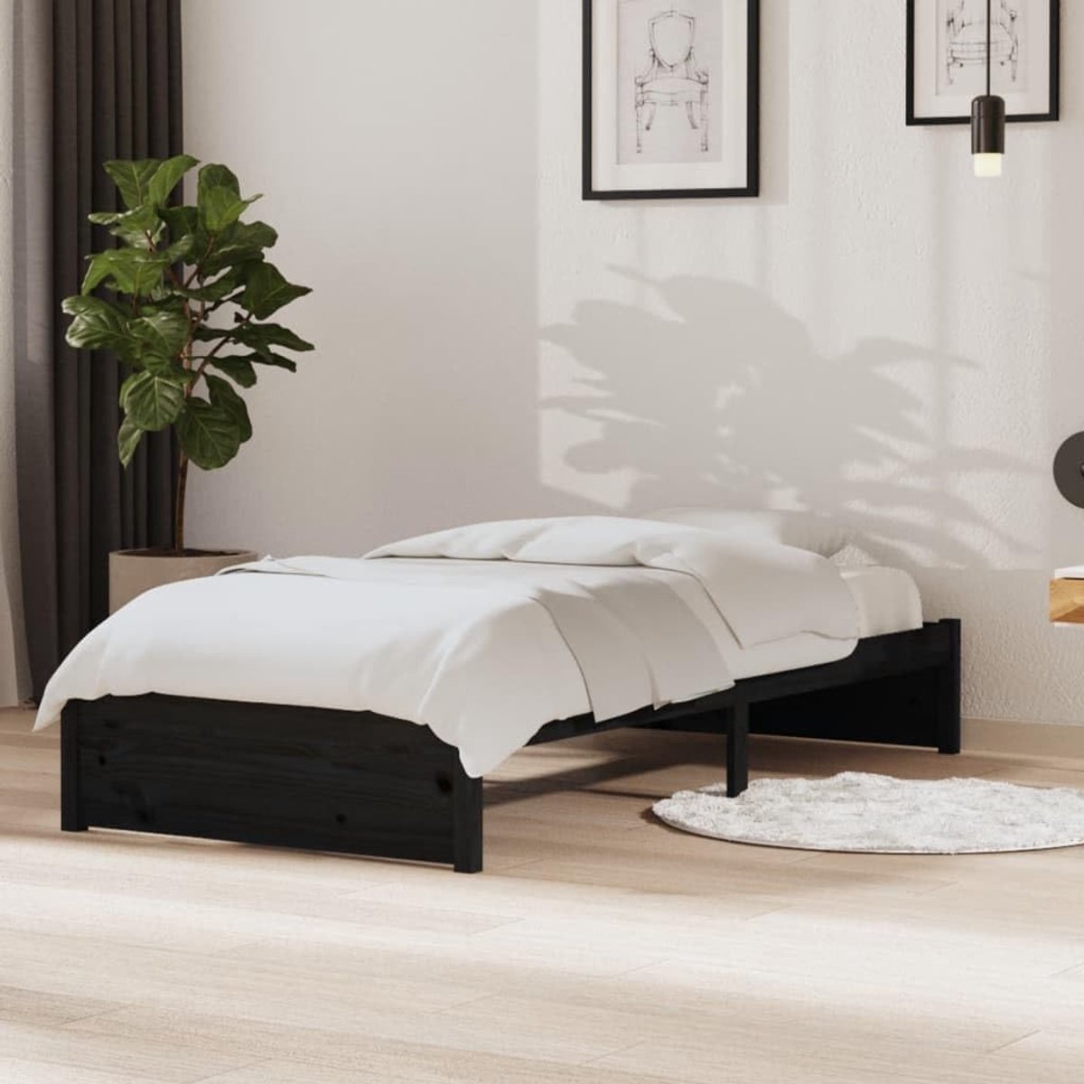 Massief hout zwart 90x190 cm stevig lattenbodem eenpersoonsbed voor slaapkamer kinderkamer kleine ruimte met natuurgetrouwe uitstraling