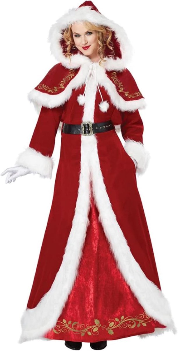 Kostuum voor dames Jurk met capuchon voor Kerstmis Rode warme fluwelen verkleedjurk Kerstman Cosplay Kostuum,Rood,XL