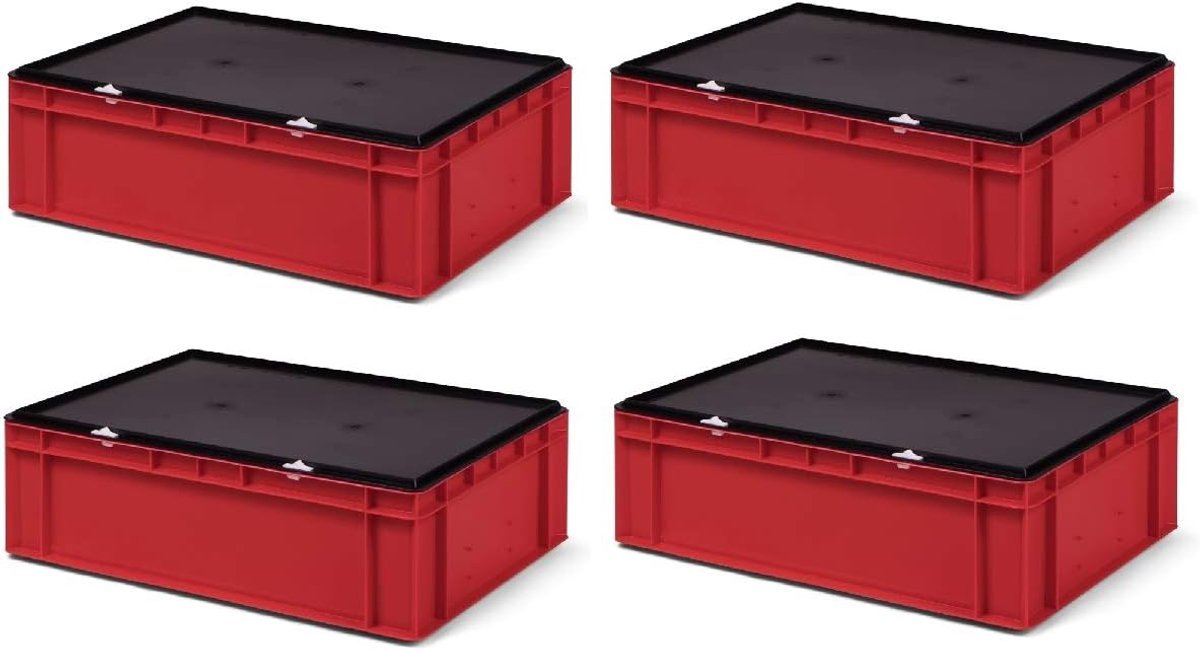 4 stuks TK617-VD, Transportstapelbak rood met zwart afsluitdeksel, 600x400x186/175 mm (LxBxH), volume 33 liter, draagvermogen 45 kg, voedselveilige industriekwaliteit van PP