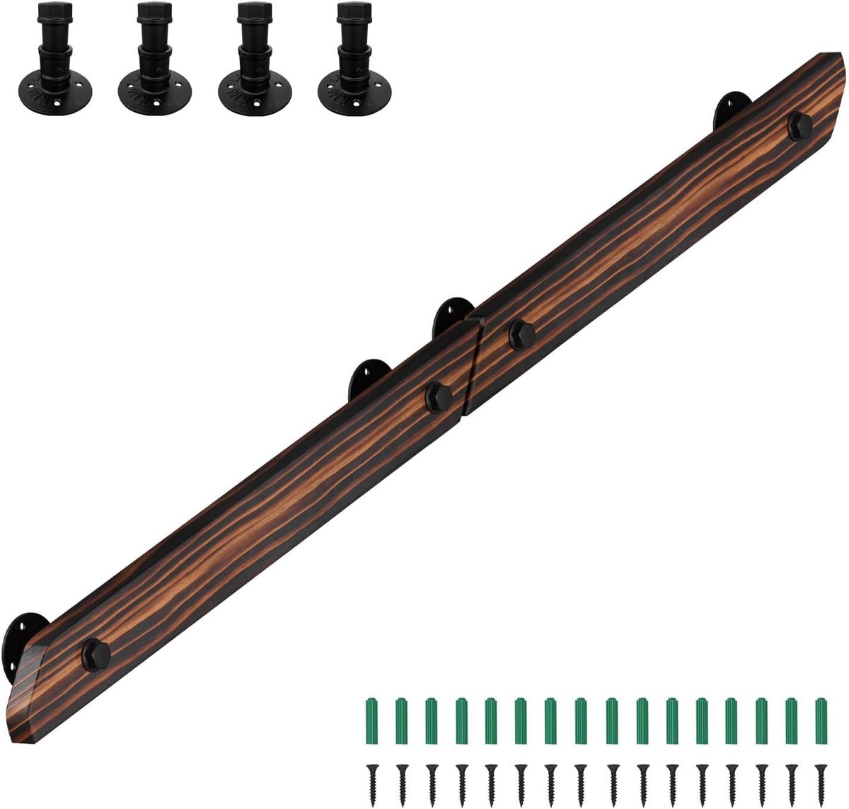 Leuning van hout, 150 cm, grenenhout, leuning, wandtrap, antislip, houten leuning, met wandhouders, montagemateriaal, bruin