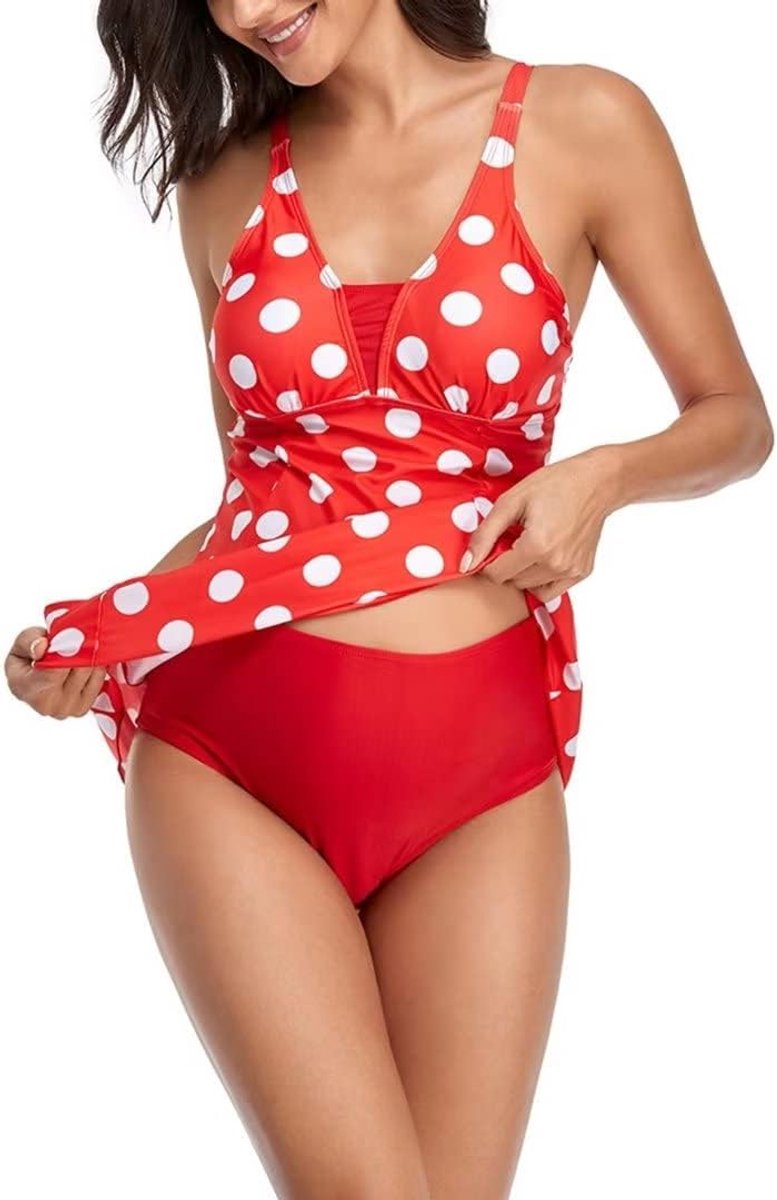 Gestippelde Twee Stukken Zwangere Badpak Jurk Push Up Hoge Taille Zwangerschaps Swimskirt, Rood gestippeld, XXL