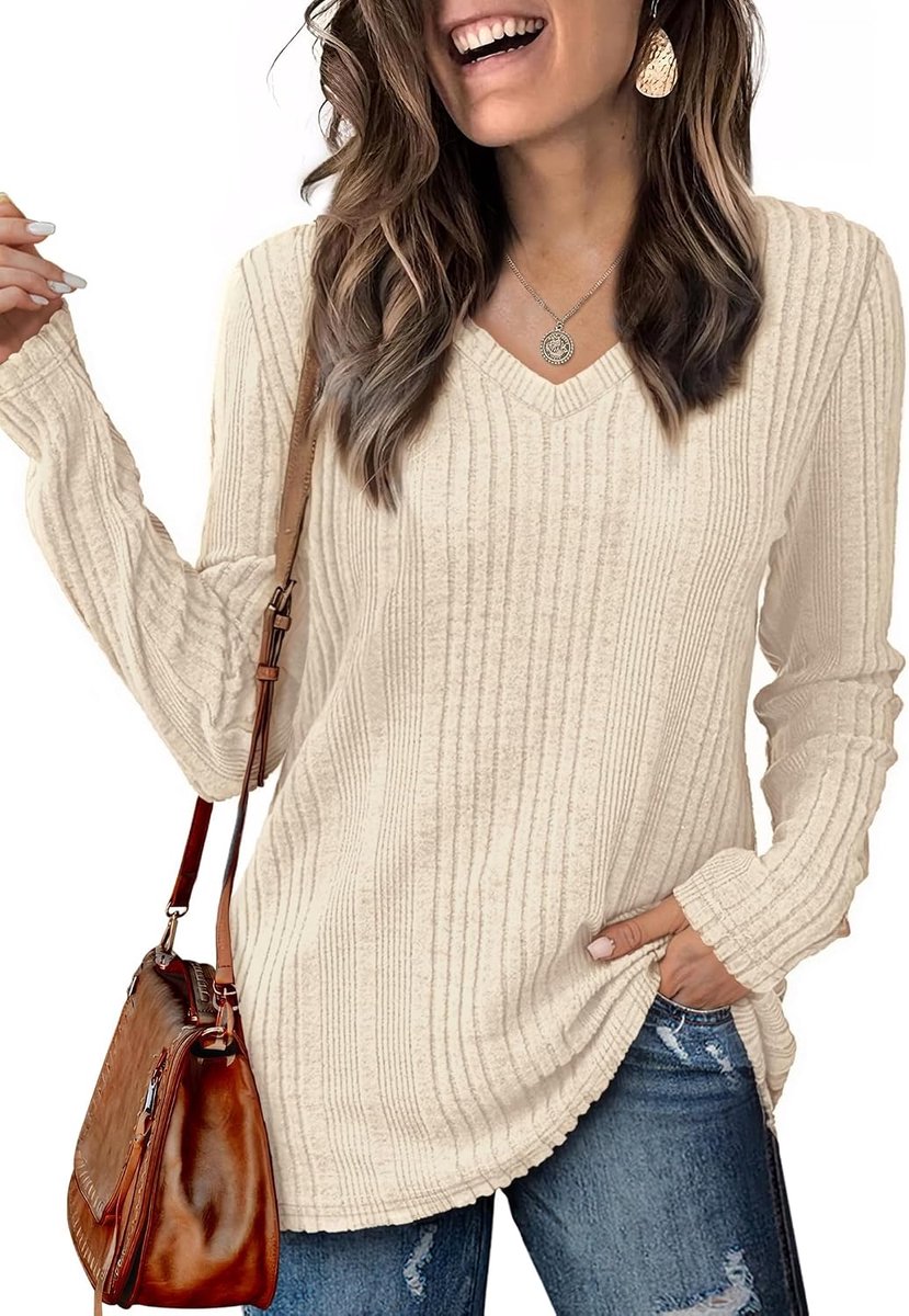 dames V-hals lange mouwen sweatshirt licht effen bovendeel basic gebreide trui herfst winter lente