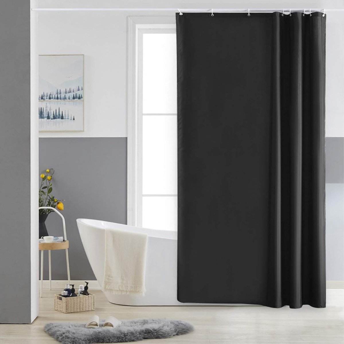 CHICFURN Zwart Douchegordijn 100 x 200 cm voor Badkamer, Appartement en Studentenwoning, Effen Polyester Gordijn met Witte Douchegordijnhaken, Waterafstotende Stof, Verstevigde Metalen Ringen en Verzwaarde Onderkant, Wasbaar in de Machine