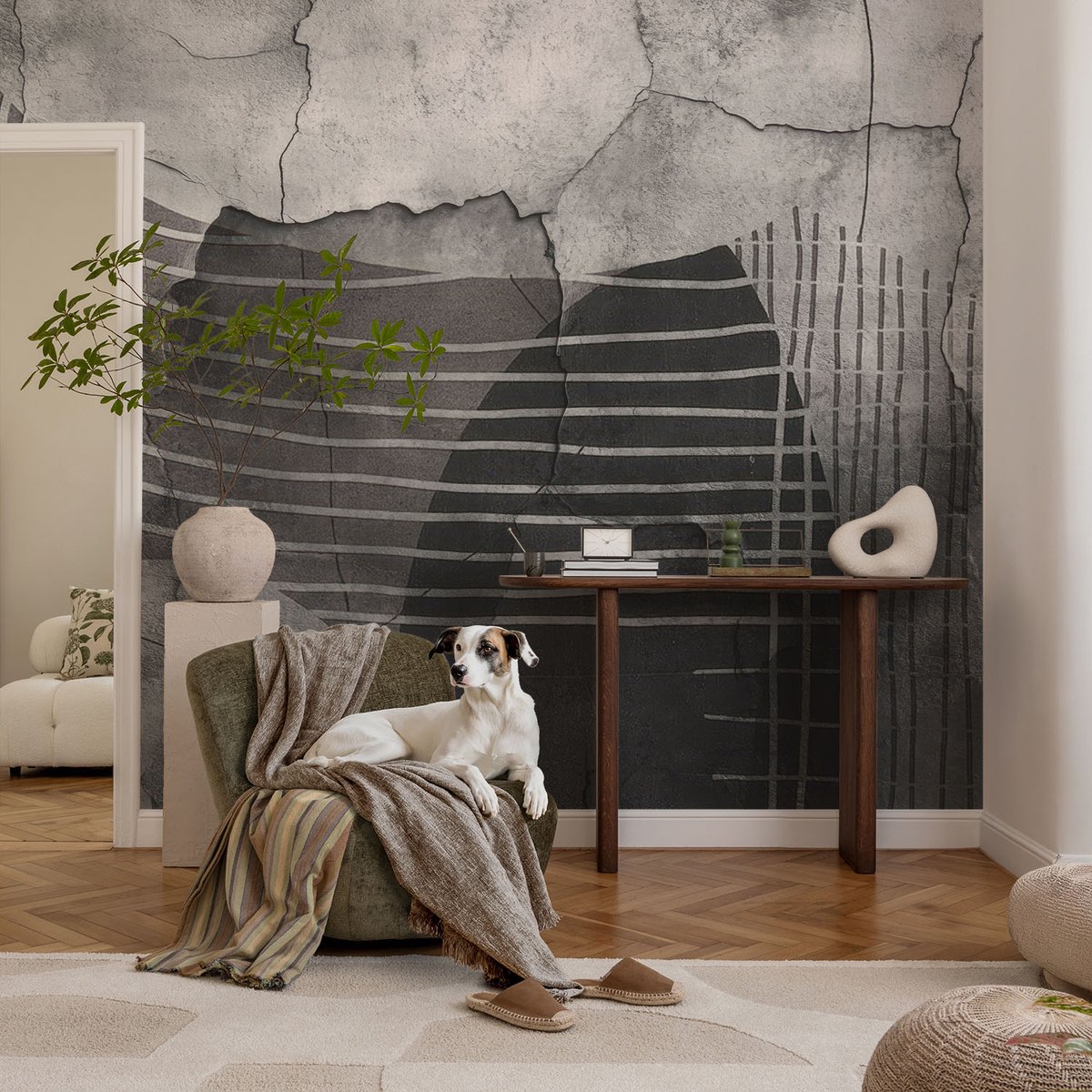 Coloray Vliesbehang - Grijs Snellijm Behang - 104x70 cm - Abstracte Lijnen Fotobehang Vlies - Woonkamer behang Abstractie - Muurschildering - Hal behang