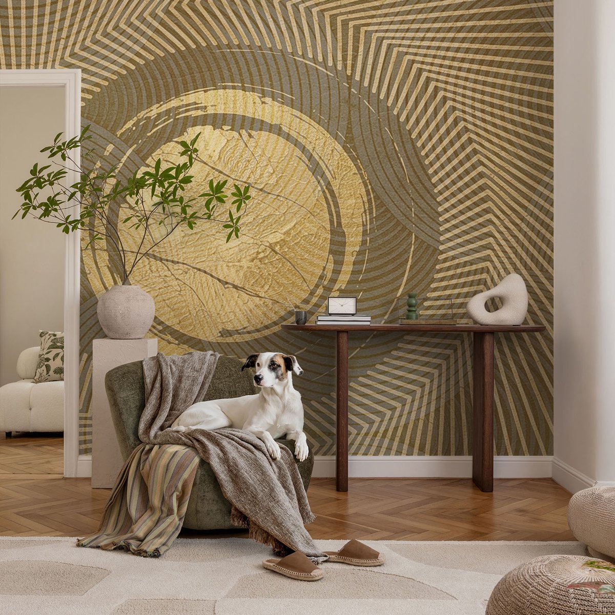 Coloray Vliesbehang - Beige Snellijm Behang - 104x70 cm - Stralende Lijnen Muurschildering - Gang behang Abstractie - Fotobehang Vlies - Slaapkamer behang