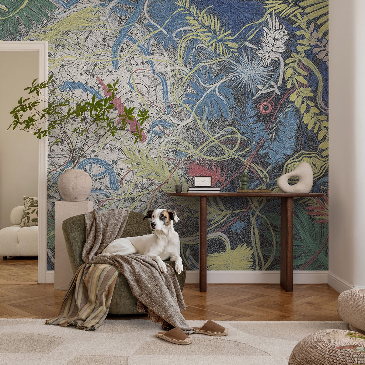 Coloray Vliesbehang - Blauw Snellijm Behang - 104x70 cm - Plantenwervels Muurschildering - Slaapkamer behang Abstractie - Fotobehang Vlies - Gang behang