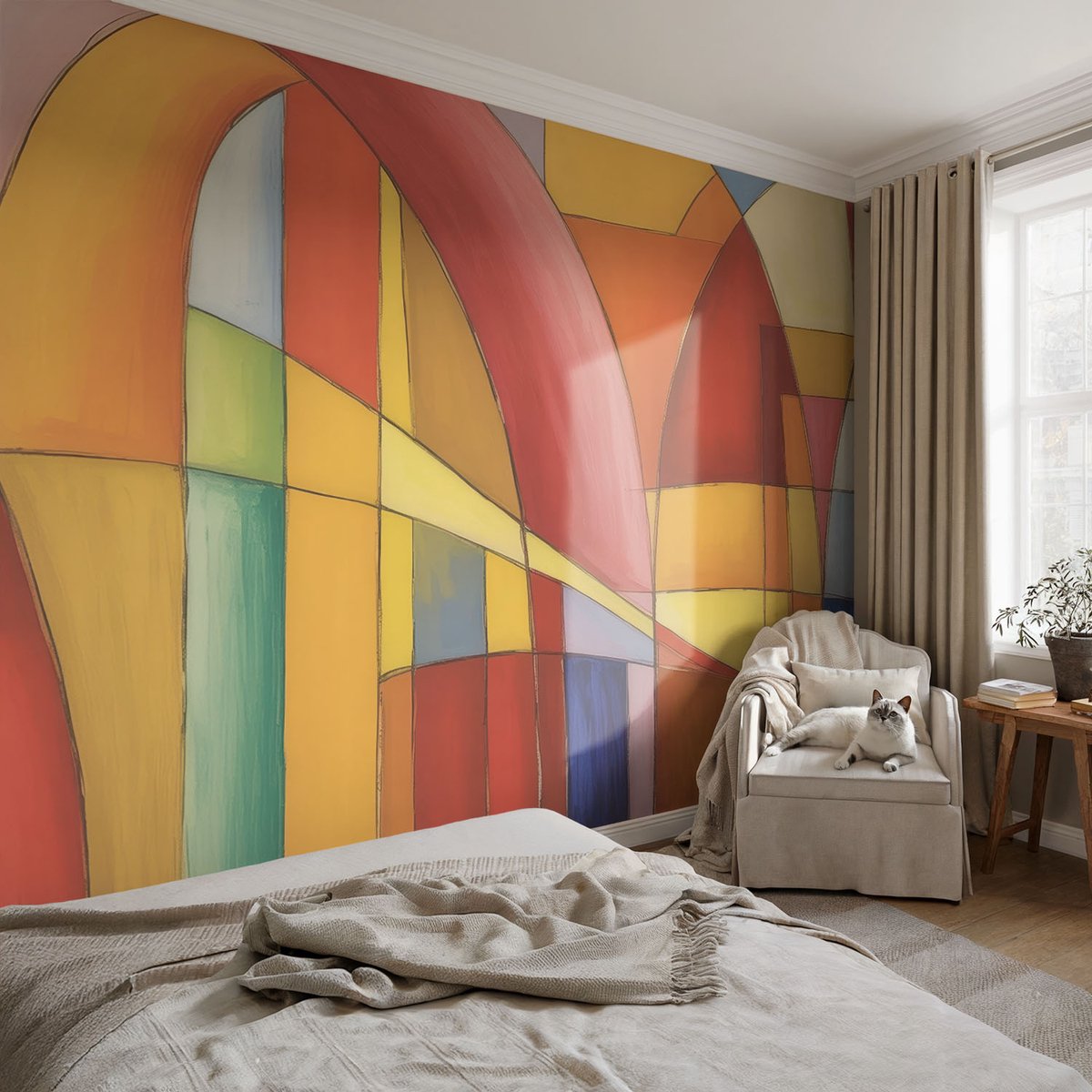 Coloray Vliesbehang - Rood Snellijm Behang - 104x70 cm - Energievormen Muurschildering - Gang behang Abstractie - Fotobehang Vlies - Slaapkamer behang