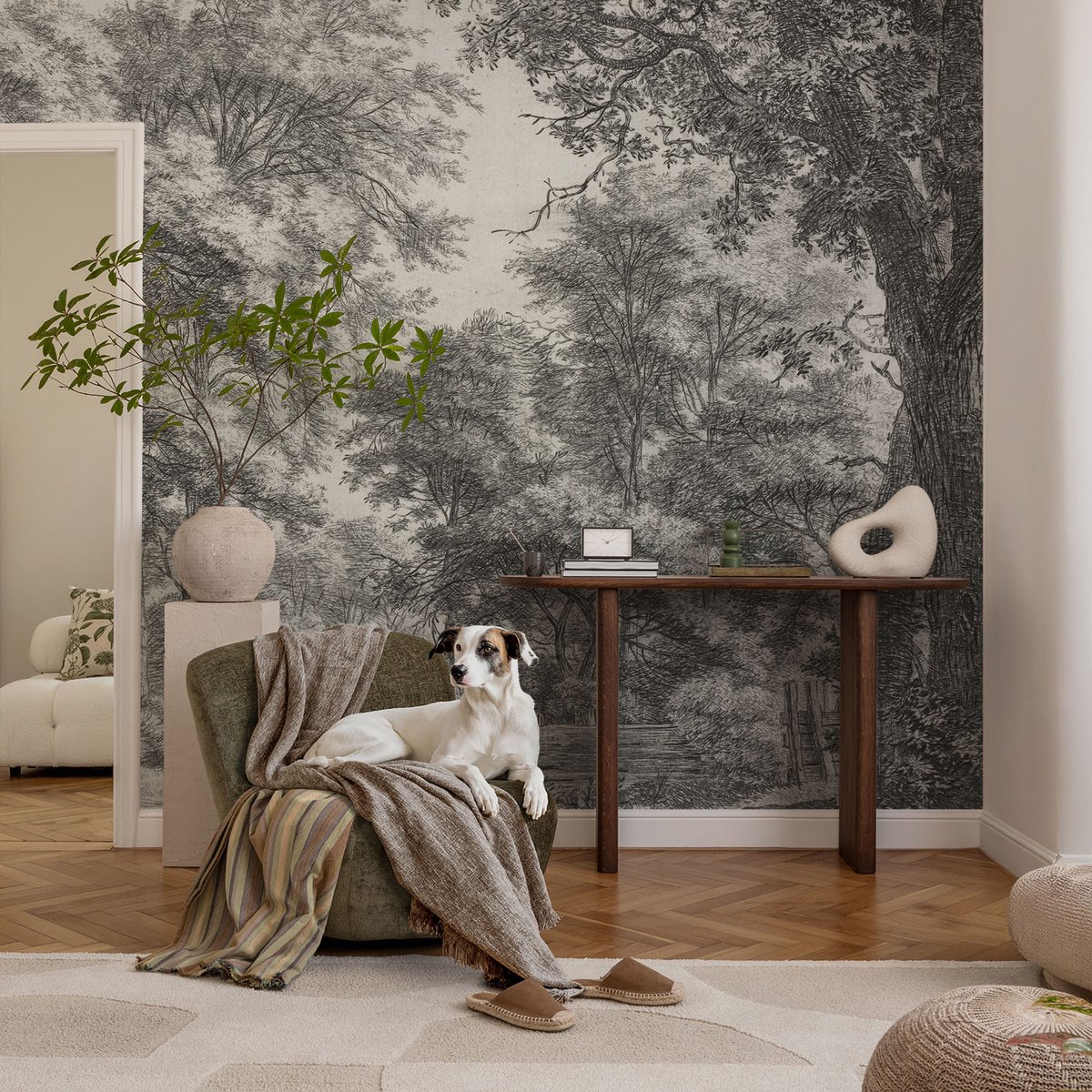 Coloray Vliesbehang - Zwart-Wit Snellijm Behang - 104x70 cm - Boslandschap Fotobehang Vlies - Hal behang Landschappen - Muurschildering - Hal behang
