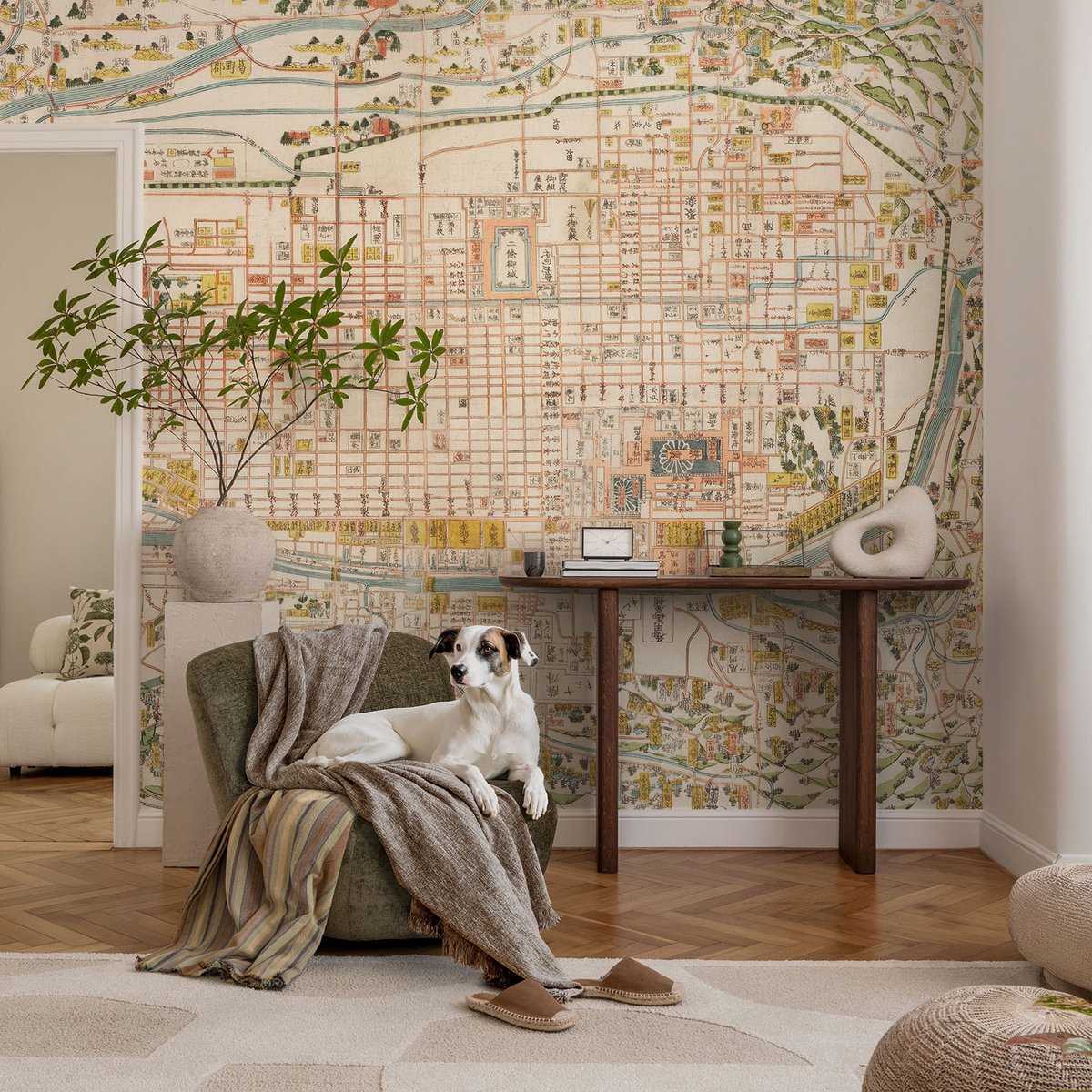 Coloray Vliesbehang - Beige Snellijm Behang - 104x70 cm - Antieke Kaart Fotobehang Vlies - Hal behang Kaarten - Muurschildering - Woonkamer behang