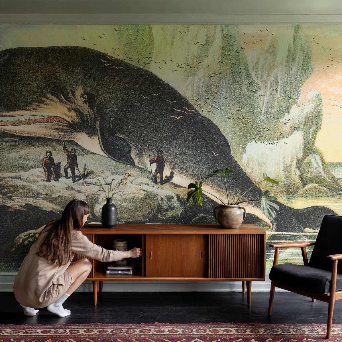 Coloray Vliesbehang - Zwart Snellijm Behang - 104x70 cm - Zeegigantisme Muurschildering - Slaapkamer behang Dieren - Fotobehang Vlies - Gang behang