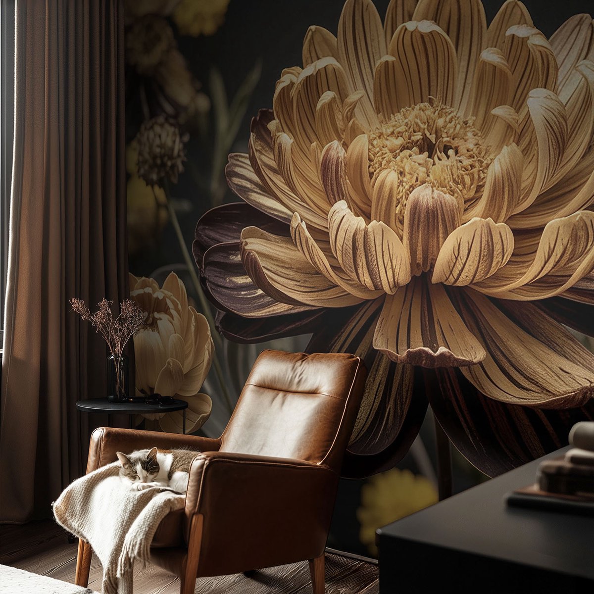Coloray Vliesbehang - Grijs Snellijm Behang - 104x70 cm - Bloemige Elegantie Fotobehang Vlies - Hal behang Bloemen En Planten - Muurschildering - Woonkamer behang