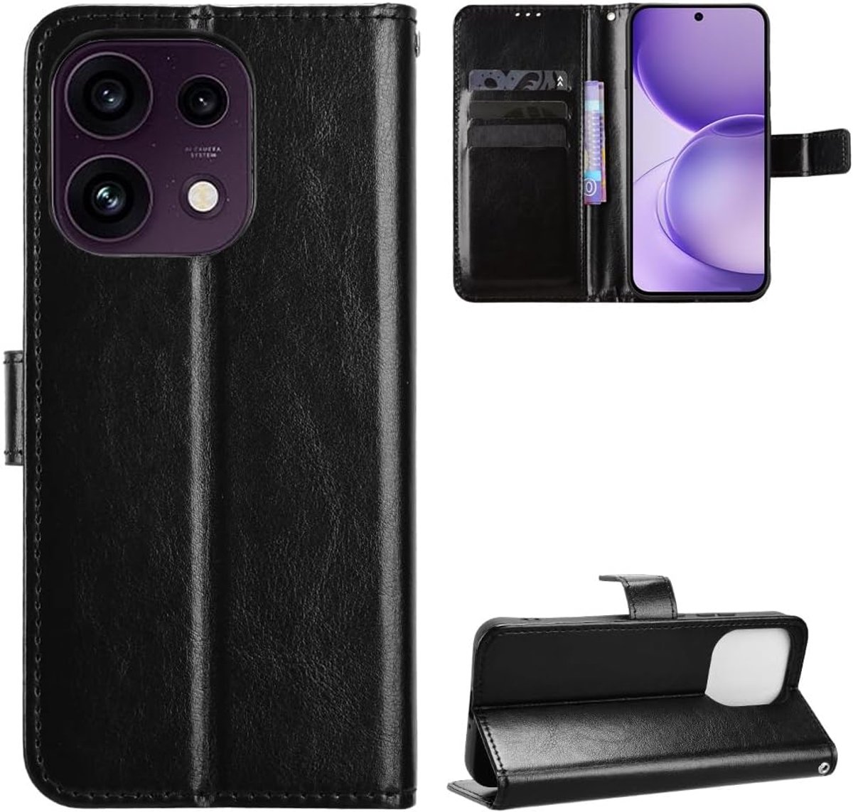Hoes voor Oppo Reno 16 F/FS 5G mobiele telefoonhoes, etui, lederen case, zwart