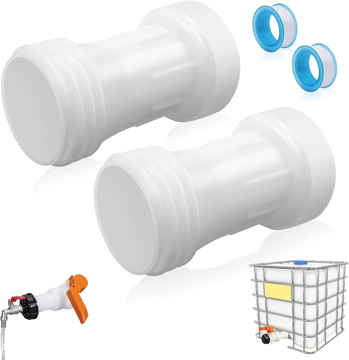 Set van 2 IBC-tankaccessoires, S60 x 6, verlenging, afstandstuk, IBC-tankconnector, grove schroefdraad met afdichting, afstandstuk, recht, s60 x 6, IBC-adapter, IBC-container, accessoires
