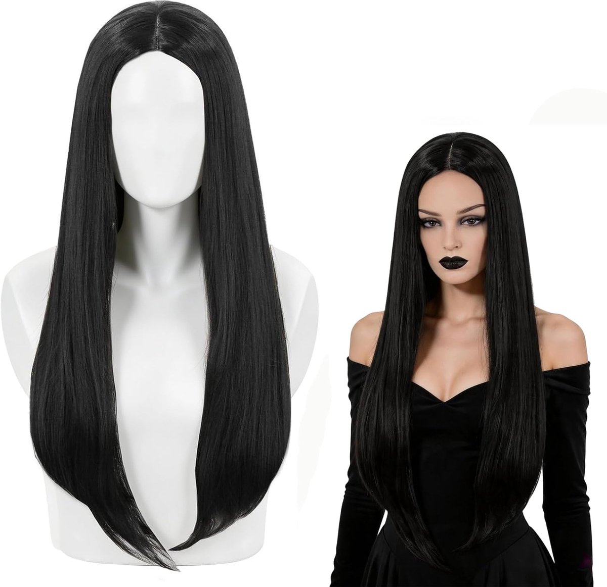 Pruik dames zwart lang glad 70 cm heks cosplay carnaval pruik
