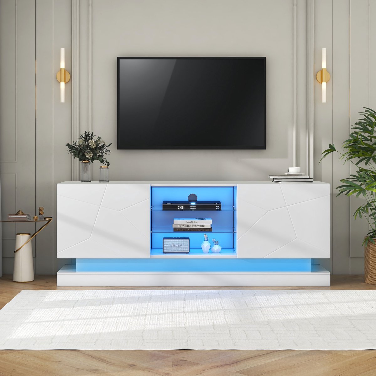 tv meubel - Met opbergruimte en kabelmanagement - 160 cm breed - Mat wit - Verstelbare glasplank - Stille scharnieren - Geschikt voor 70 inch TV