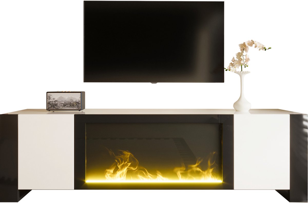 tv meubel met decoratieve haard - Voor woonkamer - 165 cm breed - Wit en zwart hoogglans - Realistisch vlameffect zonder warmte - Push-to-open deuren - Geschikt voor 65 inch tv