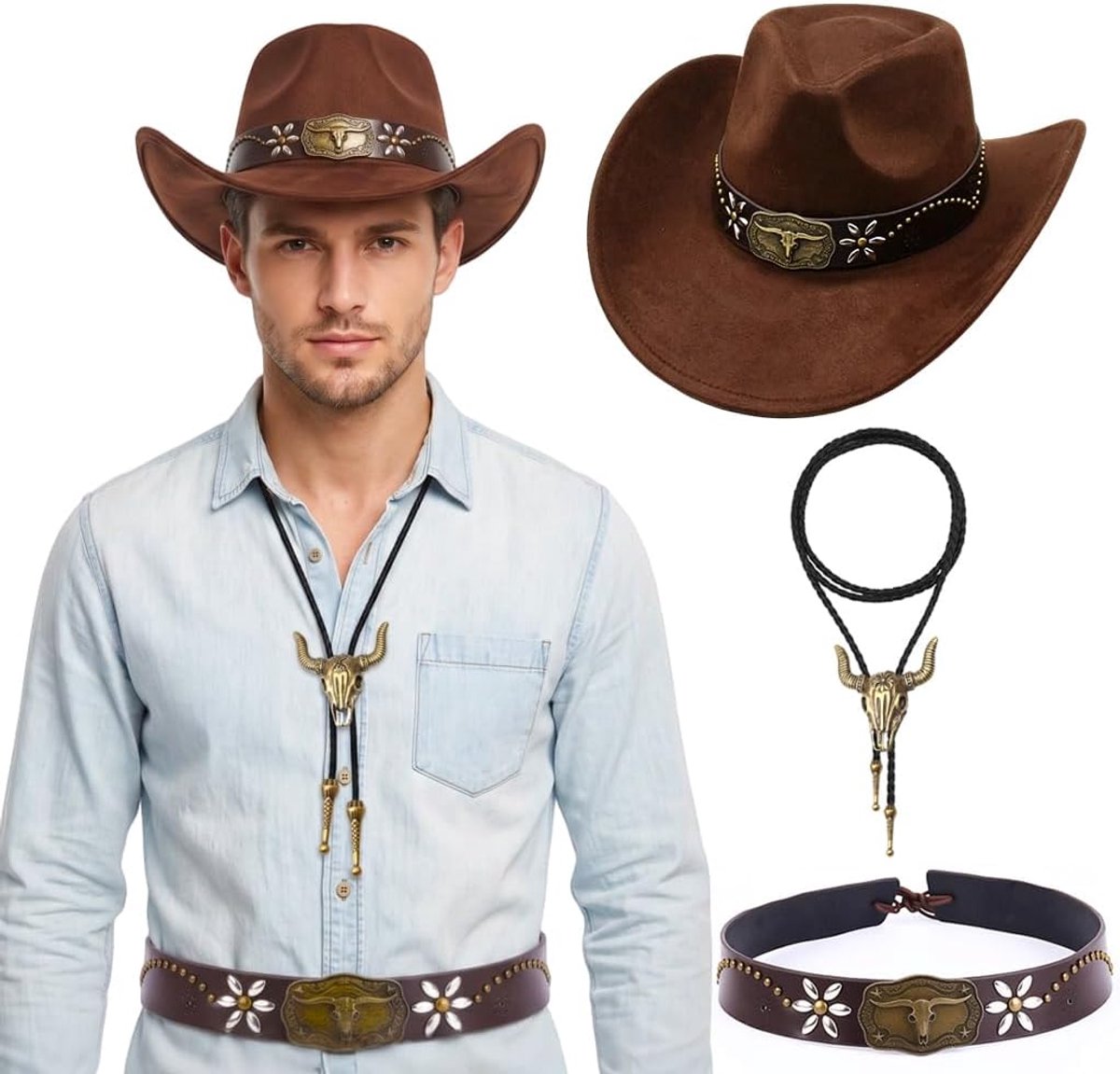 Cowboy Hoedenset Bruine Hoed met Stierenkop Ketting & Gordel