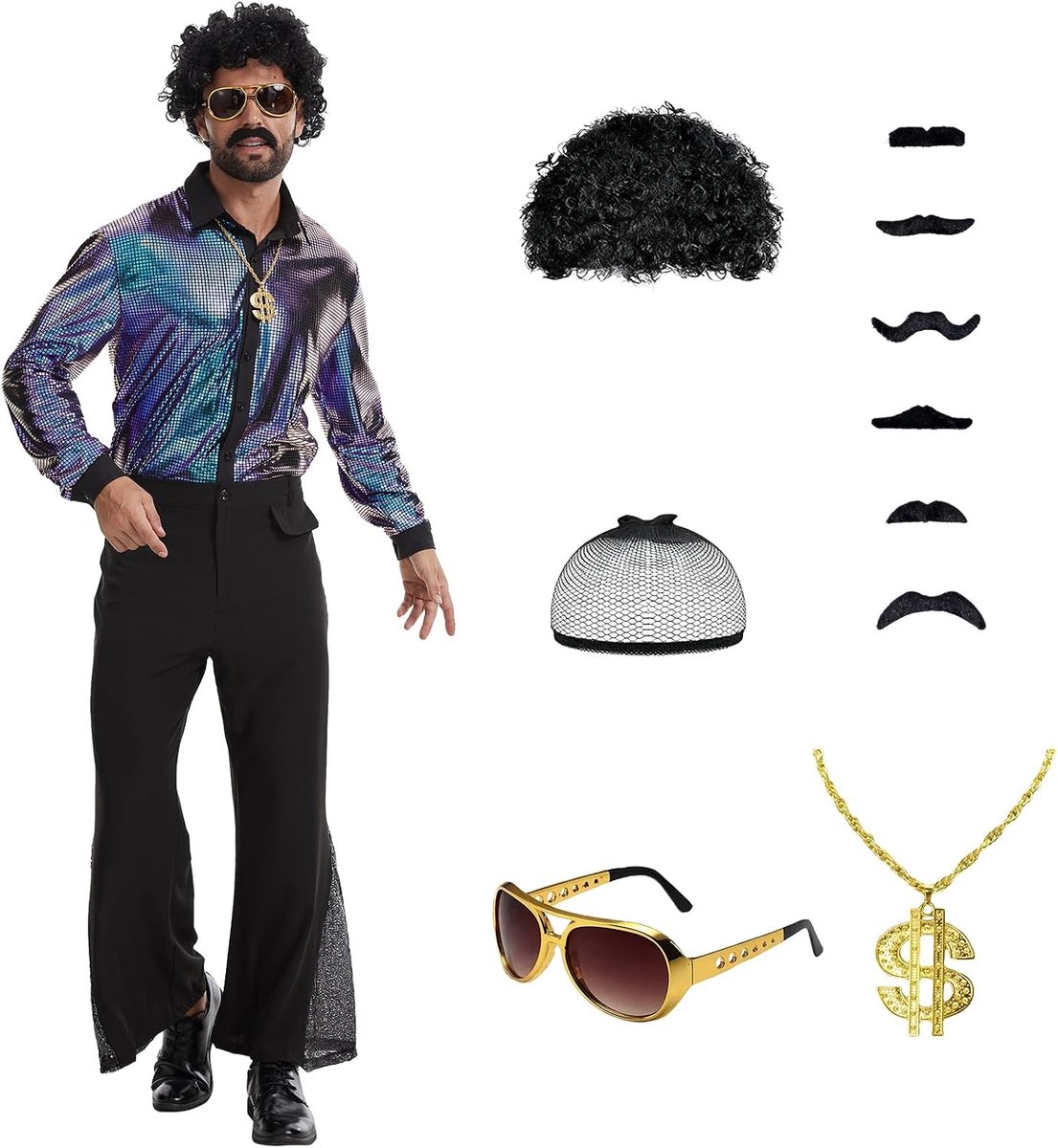 70-kostuum voor heren, discobalkostuum, jaren 70-retrokostuum met accessoires voor retro- en Halloween-themafeesten.