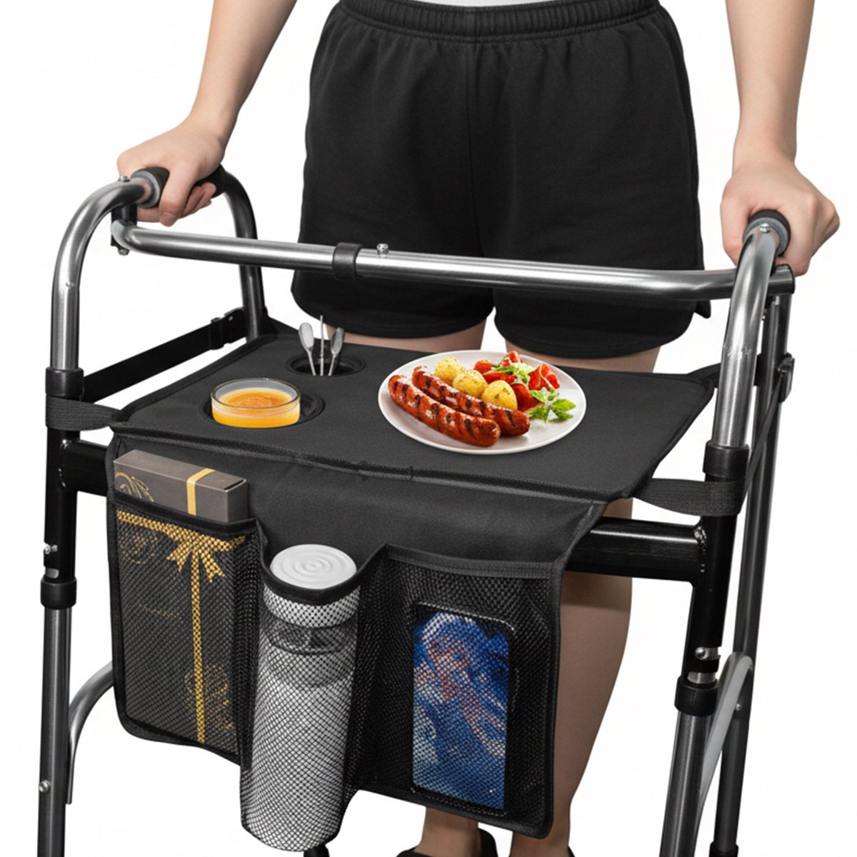 Opvouwbaar dienblad voor rollator – Afneembaar eetblad met bekerhouder – Opbergblad voor rollators voor ouderen (41,4 x 30,2 x 27,7 cm)