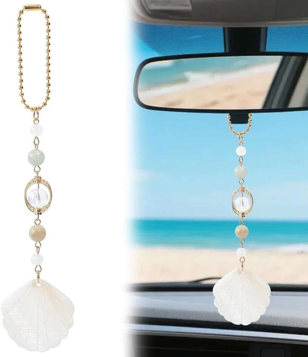 Autodecoratie met schelpen, strand, hanger voor de achteruitkijkspiegel, natuurkwarts, kristalkralen, boho-stijl, oceaan, kust, auto, interieur, raamaccessoires, cadeau voor vrouwen en