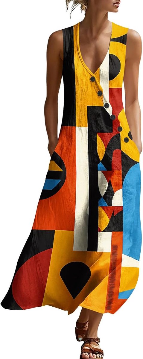 Sommerkleid Damen Leicht und Luftig Strandkleid Lang Baumwolle Freizeitkleid Elegant V-Ausschnitt Ärmellos Partykleid Casual Einfarbig Sommerkleider Luftige Trägerkleid Maxikleid Sommer Mit Taschen