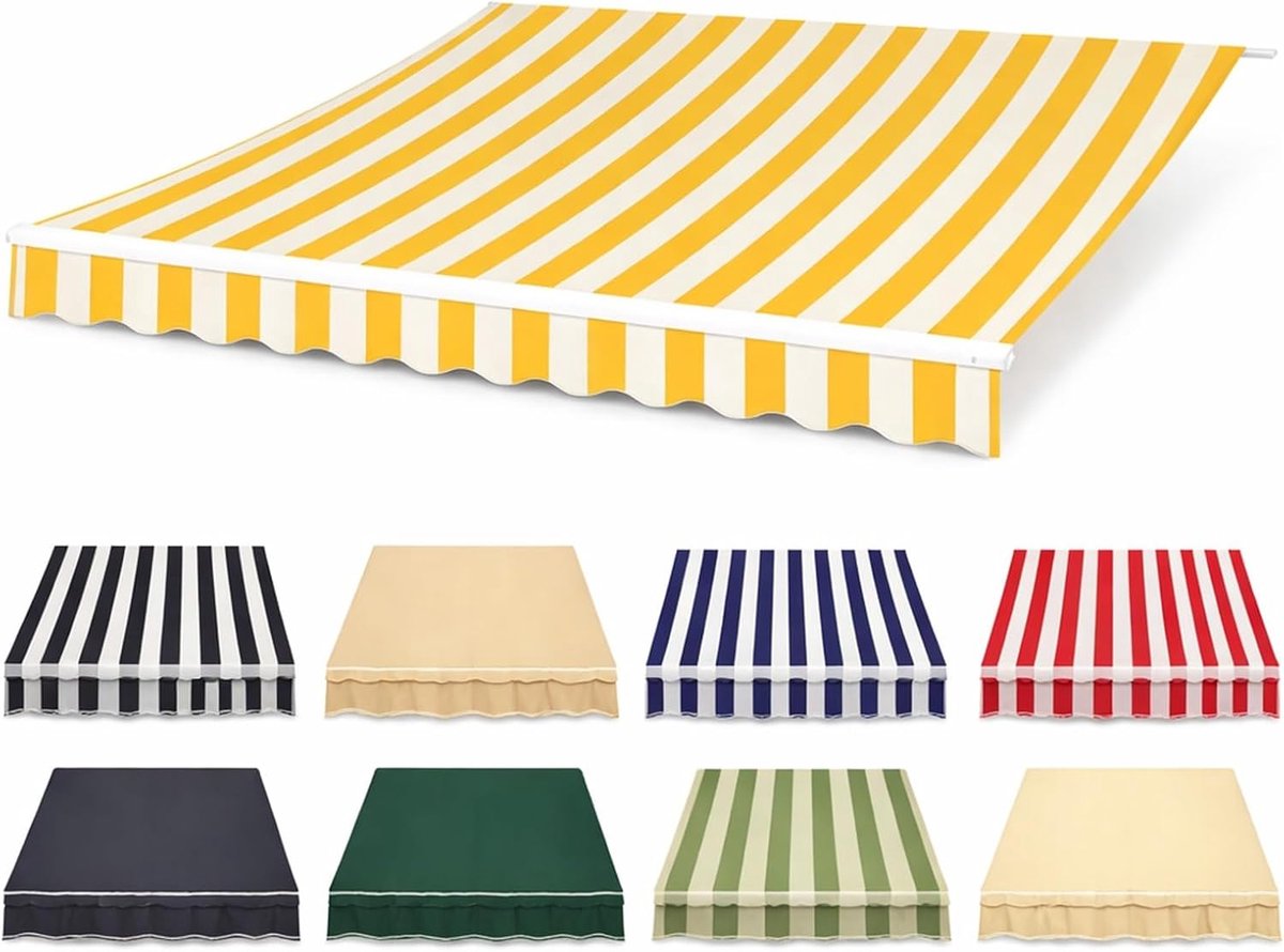 Ersatz Markisentuch 200 300 400 500 cm Markisenstoff Wasserabweisend UV-beständig Markisenbespannung Mit Volant Sonnenschutz Tuch Für Balkon Terrasse Garten Außenbereich(Yellow-White,500x350cm)