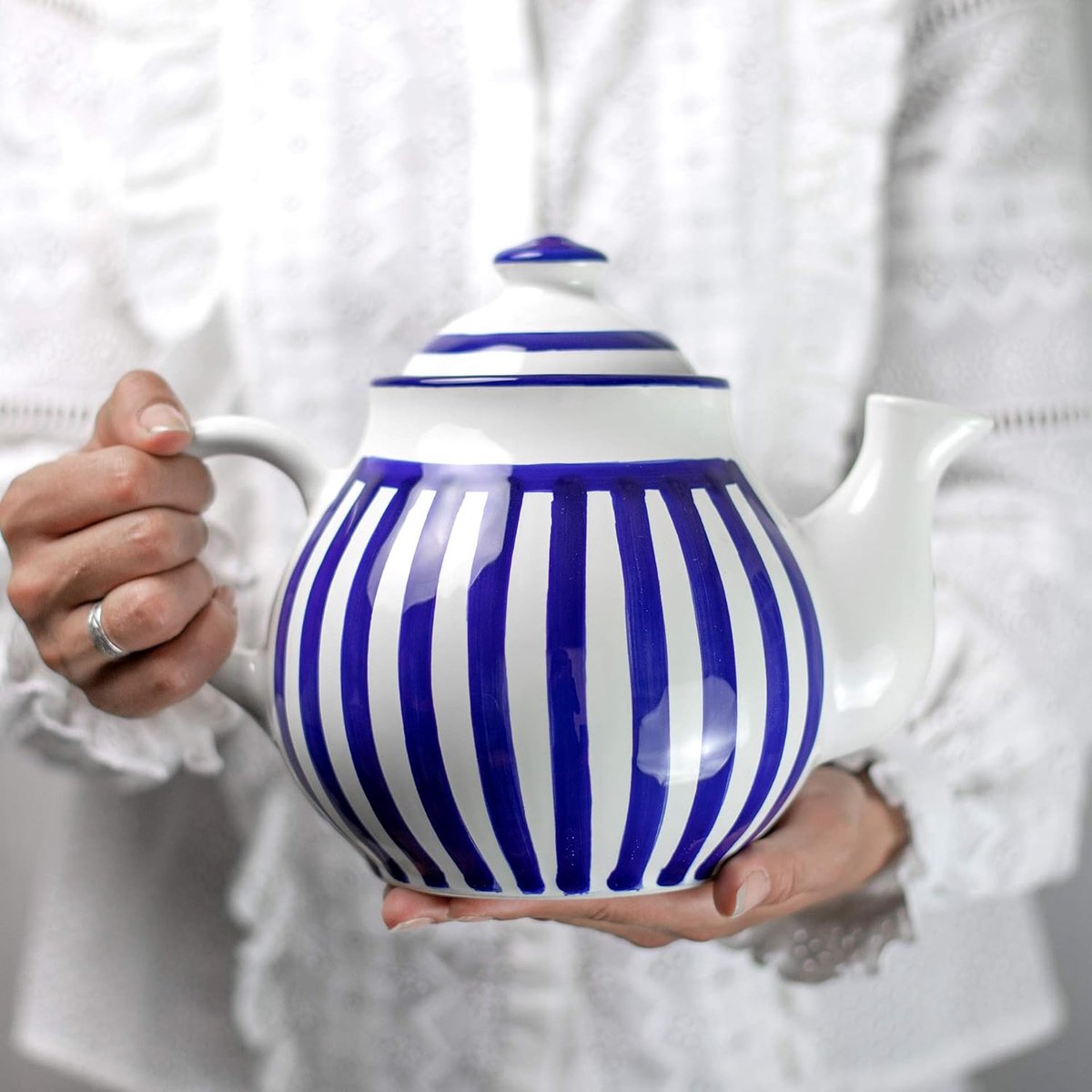 to Cottage Marineblauw Gestreept | Grote 1,7l/60oz/4-6 Koppen Handgemaakte Handgeschilderde Keramische Theepot Met Handvat en Deksel