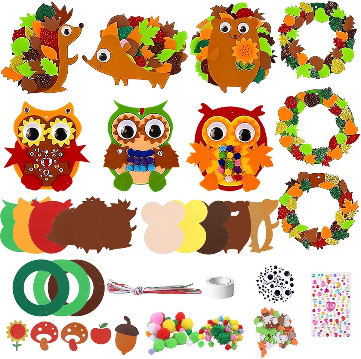 9 stuks knutselset herfst kinderen, egel uil kransen knutselen herfst, creatieve knutselsets voor kinderen met schuimrubber sjablonen, doe-het-zelf herfstdecoratie knutselen