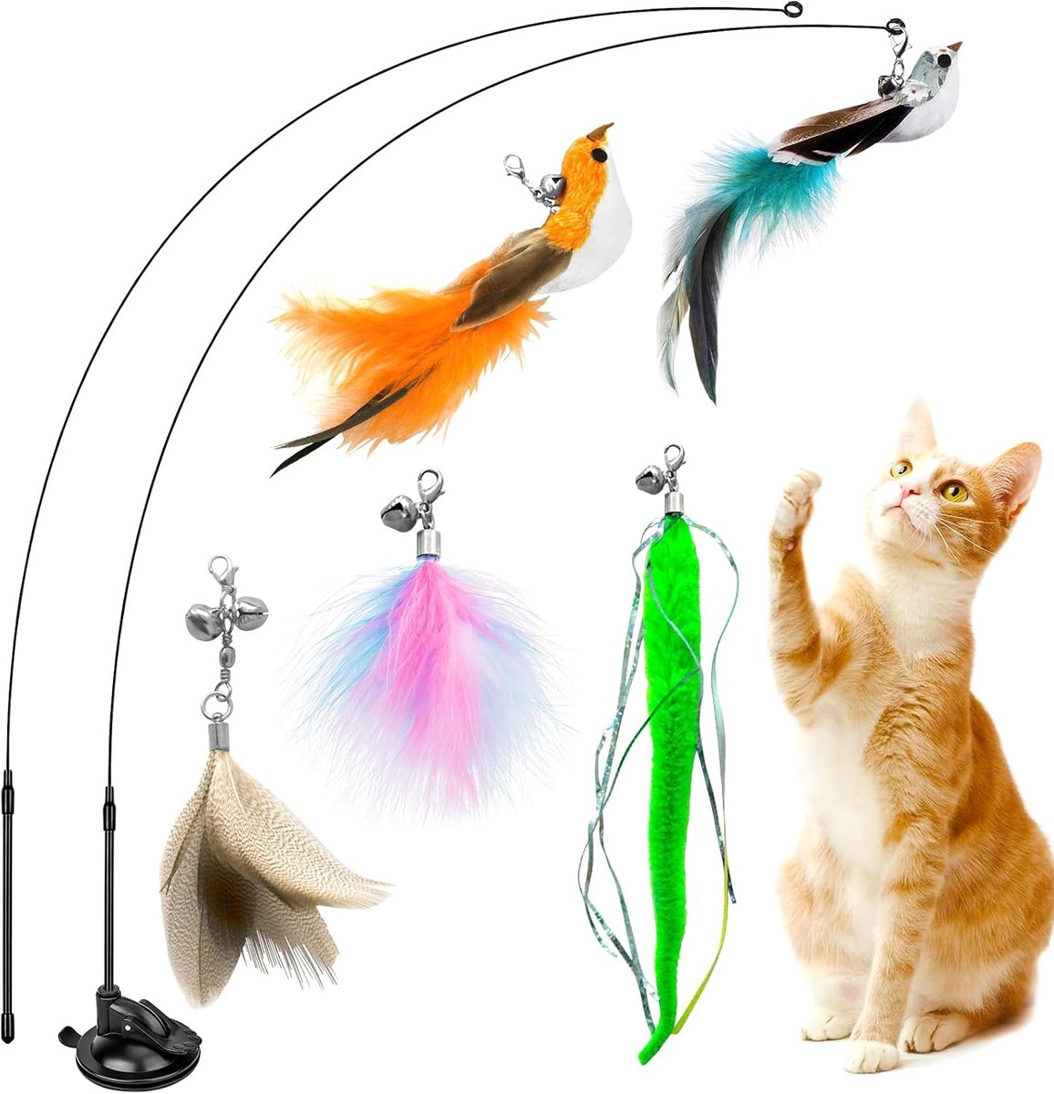 8 Pcs Speelgoedset voor Katten, Interactief Speelgoed voor Katten, Binnenspeelgoed voor Katten, 3 Verenspeeltjes, 2 Realistische Vogels, met Sterke Zuignappen en Kattenhengel met Veren