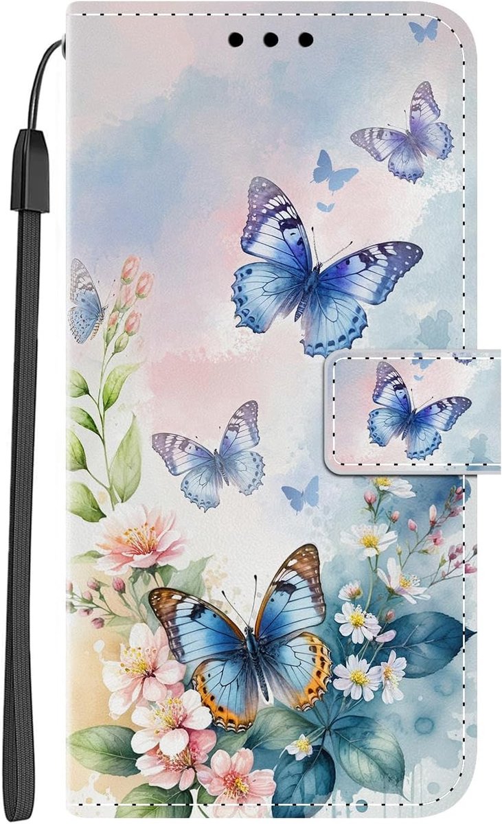 Hoes voor mobiele telefoon voor Samsung Galaxy A56 5G met mooi motief, PU-leer, flip wallet case, cover, inklapbare telefoonhoes, beschermhoes, stootvaste klaphoes, vlinder, roze bloem
