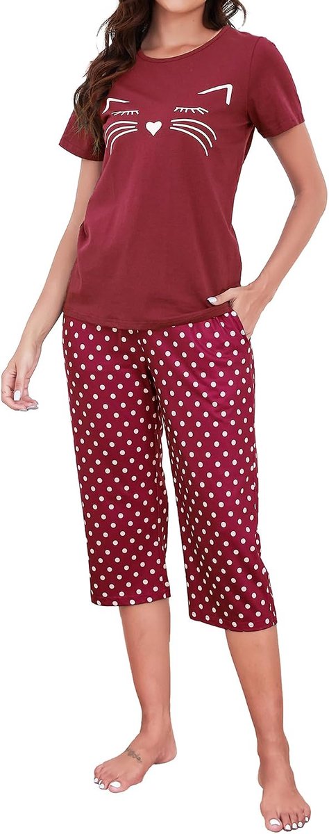 Damespyjama van katoen, 2-delig, zomer, kattenpyjama met korte mouwen en capribroek, S-XXL