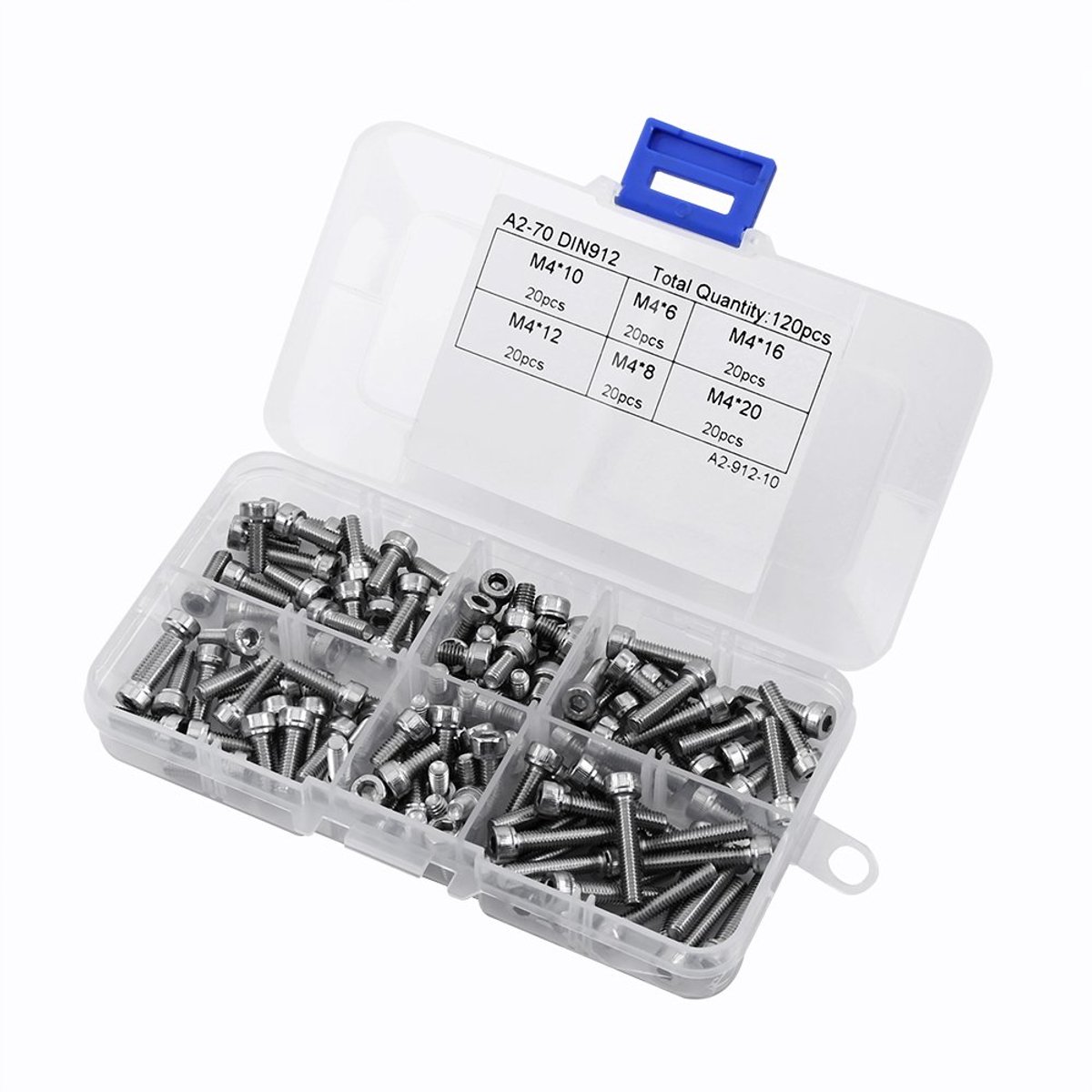 120 stks 304 Rvs M4 Hex Inbusbouten, 6mm 8mm 10mm 12mm 16mm 20mm Schroeven Assortiment Set Kit met Opbergdoos