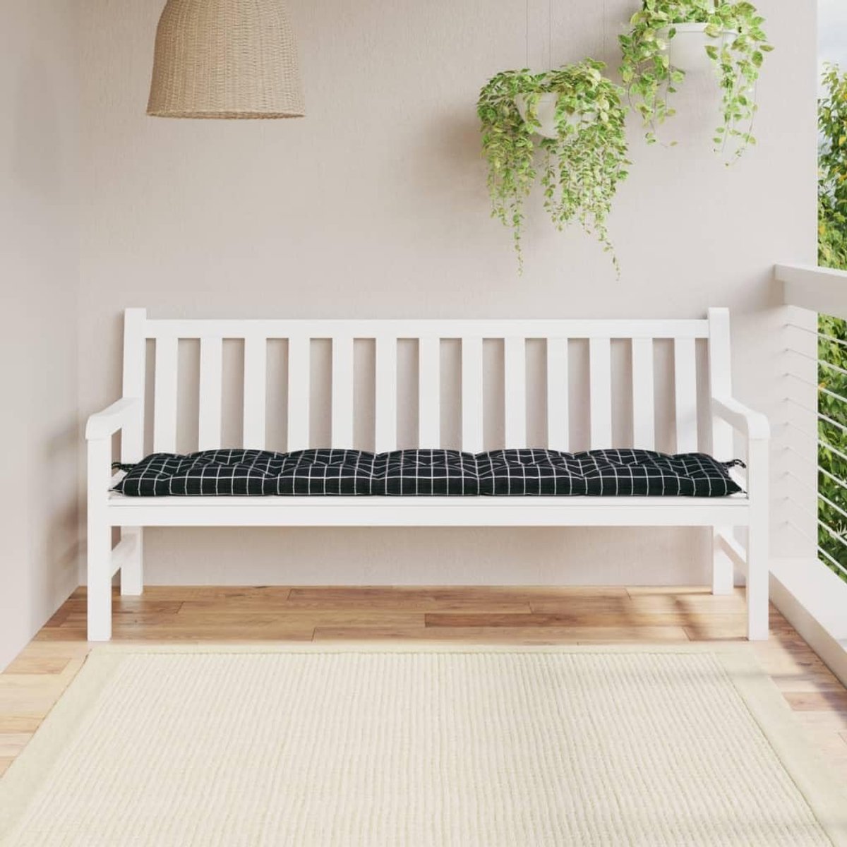 Tuinbankkussen zwart geruit patroon 180 x 50 x 7 cm, waterafstotend zitkussen van Oxford-weefsel met holle vezelvulling, antislip door bevestigingskoorden voor tuin