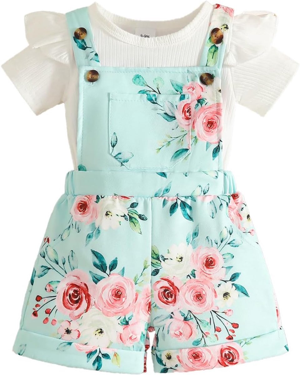 Mouwloos, geribbeld, bovenstuk, shorts met bretels en bloemenpatroon, pasgeborenkleding voor meisjes
