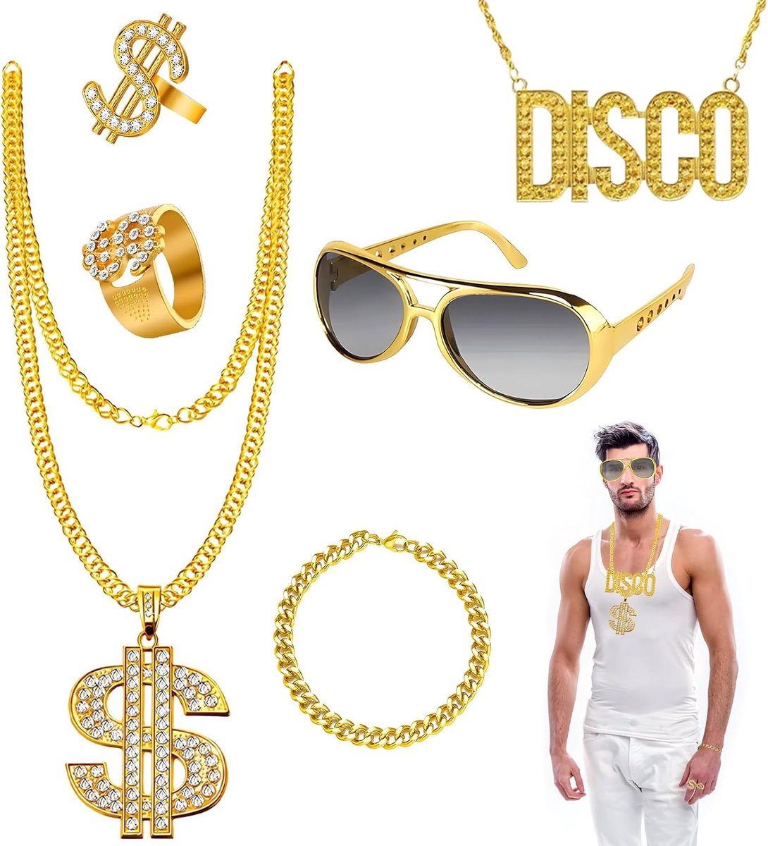 6 stuks pooierkostuum, hiphop-kostuumset, 80/90 rapperaccessoires, hiphop-dollar ring, gouden armband, dollar, halsketting, zonnebril voor carnaval en themafeest
