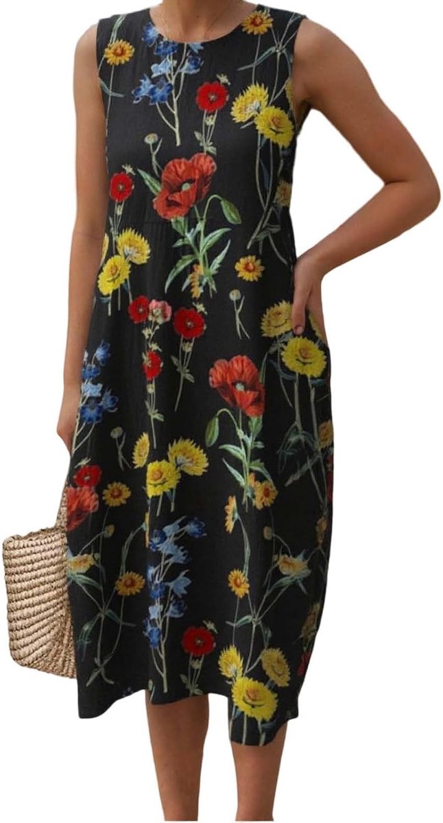 Sommerkleid Damen Elegant Ärmellos Rundhals Musselin Kleid Strandkleid Leicht Und Luftig Leinenkleider Sommer Falten Blumenmuster Kleider Locker Boho Midikleid mit Taschen Blumenkleid Freizeitkleid