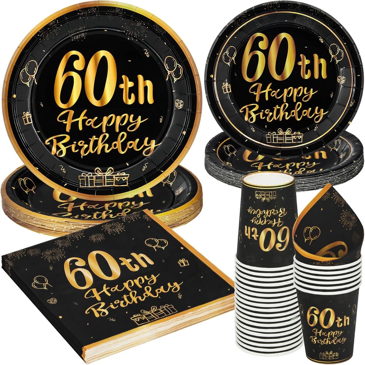 96 stuks zwart-goud papieren feestborden 60e verjaardag feestborden feestservies voor 24 gasten