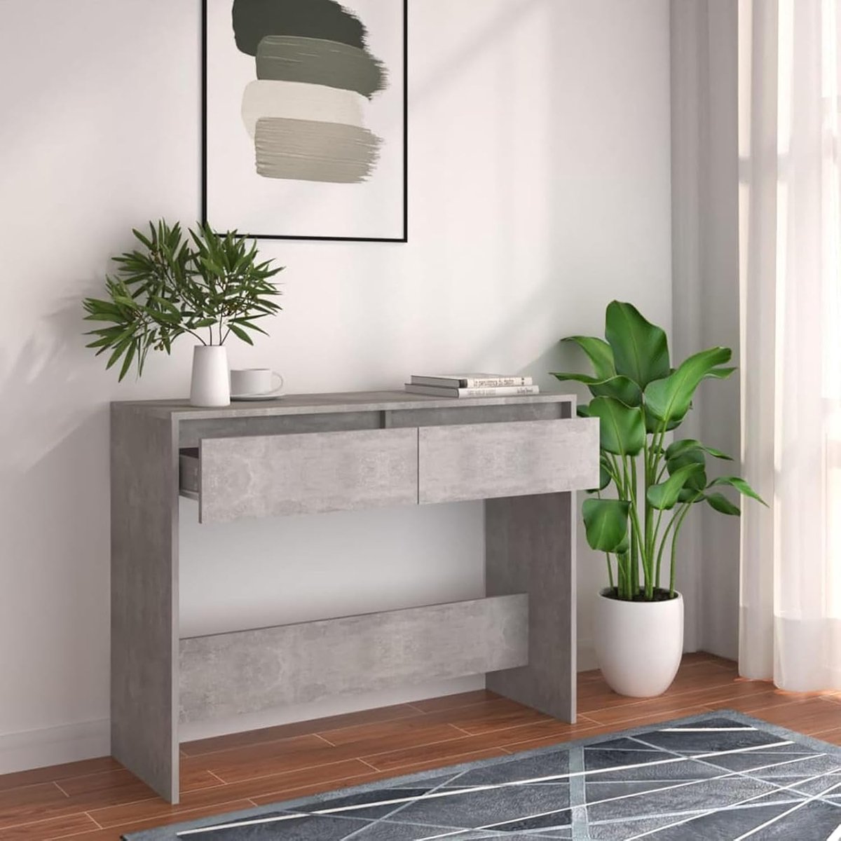 Consoletafel voor woonkamer, modern, met 2 laden, van spaanplaat, betongrijs, 100 x 35 x 76,5 cm, consoletafel met laden, consoletafel voor woonkamer, consoletafel, entree