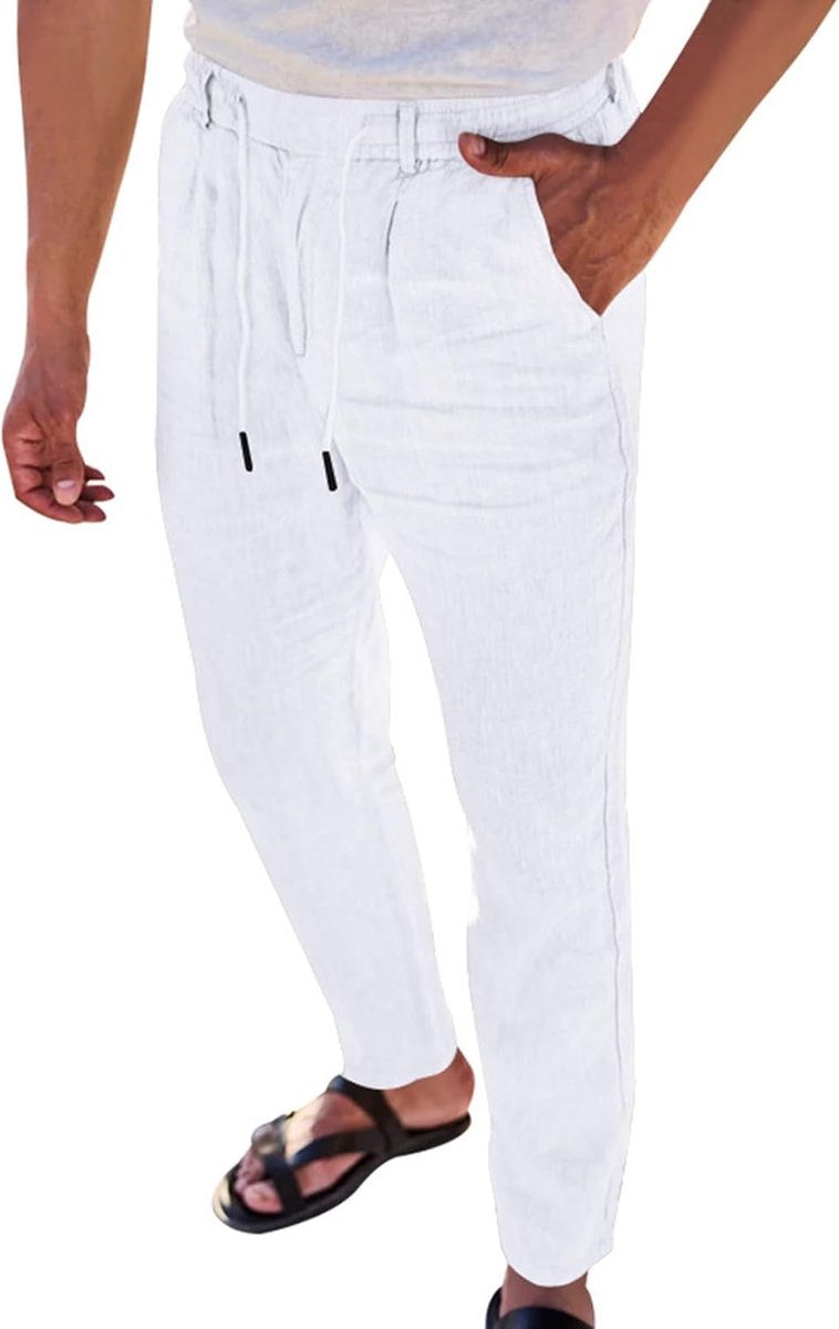 A17 Linnen broek voor heren, zomerbroek, vrijetijdsbroek, luchtig, trekkoord, elastische tailleband, zakken, strandbroek, vakantie, yoga broek