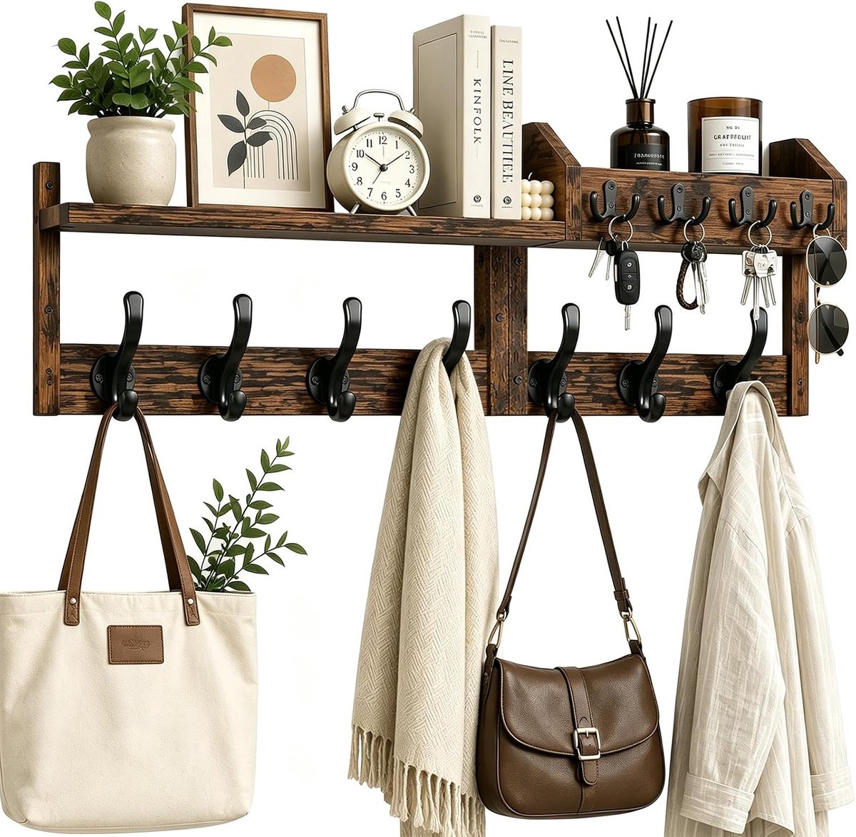 Kapstok, wandrek, 4-in-1 wandgarderobe met 11 metalen haken en sleutelplank, kapstok met plank voor hal, slaapkamer, badkamer, wandmontage kledinghaken