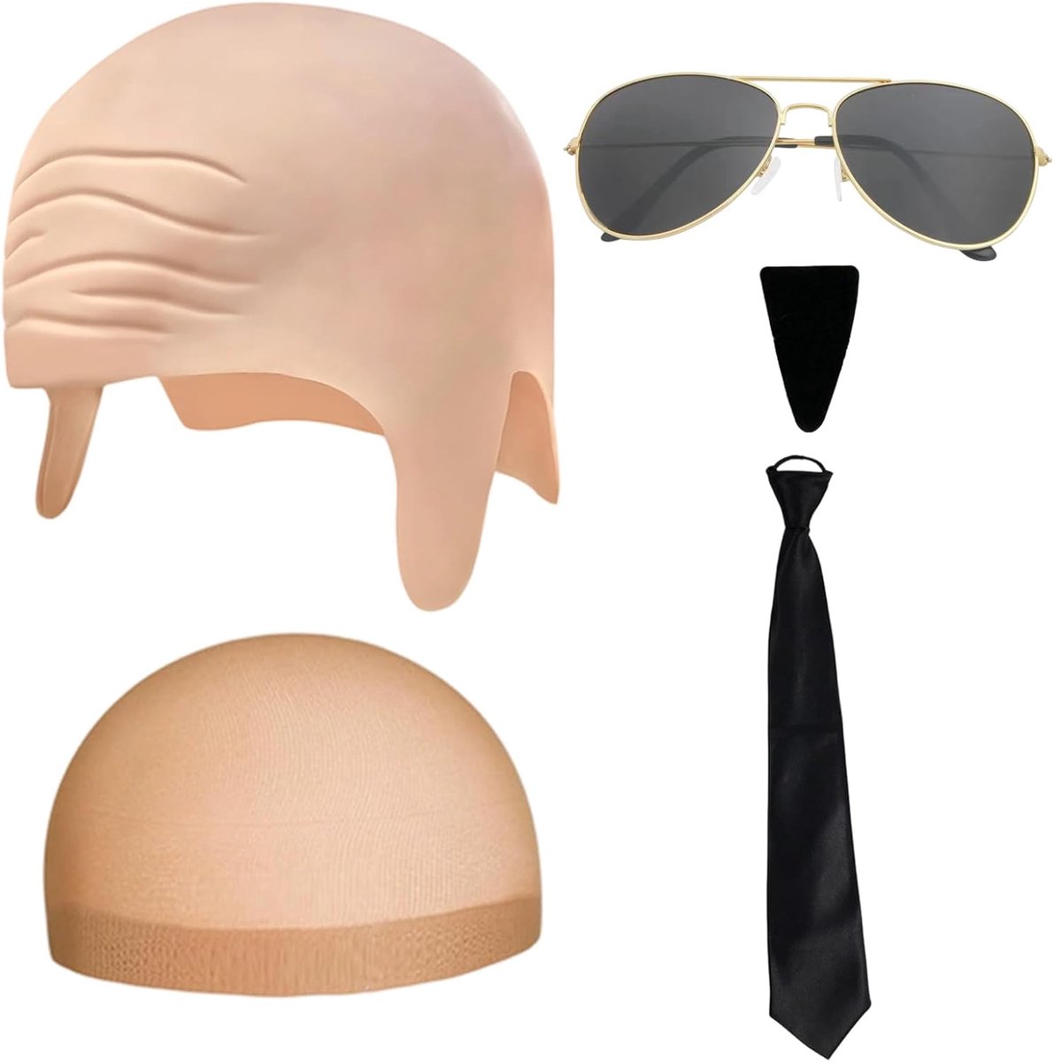 Set van 5 stuks met kaalhoofdkapjes voor volwassenen, inclusief zonnebril, haarnetje, strik en nepbaard, grappige accessoire-set voor beroemdhedenkostuums, voor feestjes, evenementen en groepsthema’s