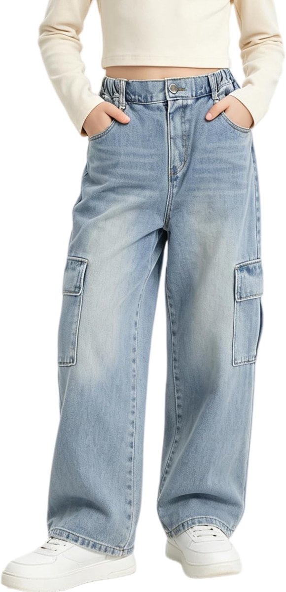 Jeans voor meisjes met losse elastische denim tailleband, blauwe spijkerbroek met modieuze scheuren